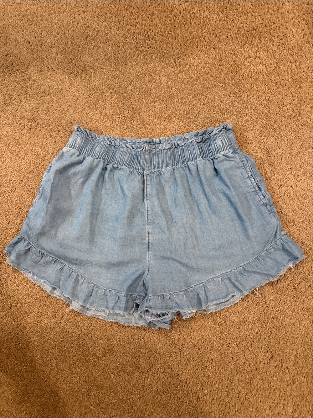 aerie Light Blue Ruffle-Hem Chambray Shorts